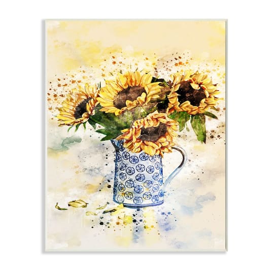 Stupell Industries Sunflower Assortment in Blue Patterned Pitcher Wood Wall Plaque